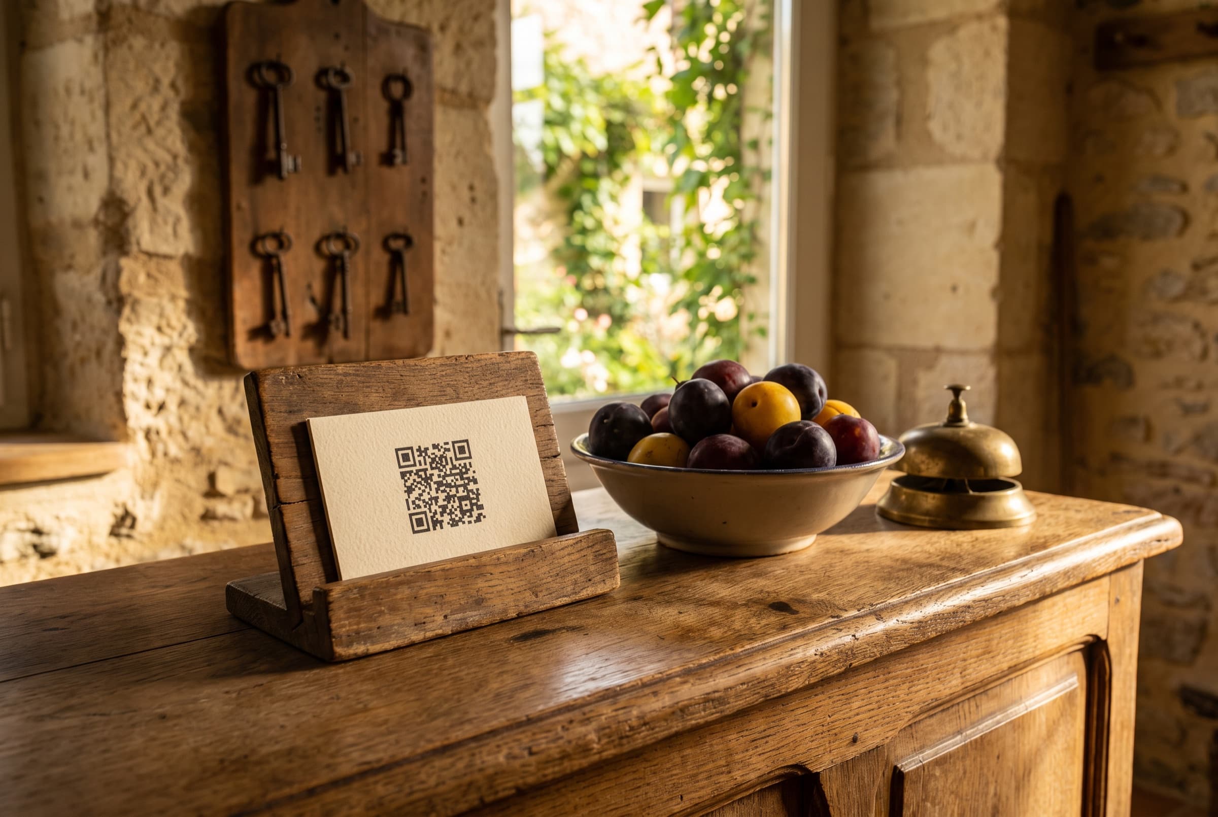 On a guesthouse counter, a card with a QR code, a bowl of plums and a bell
