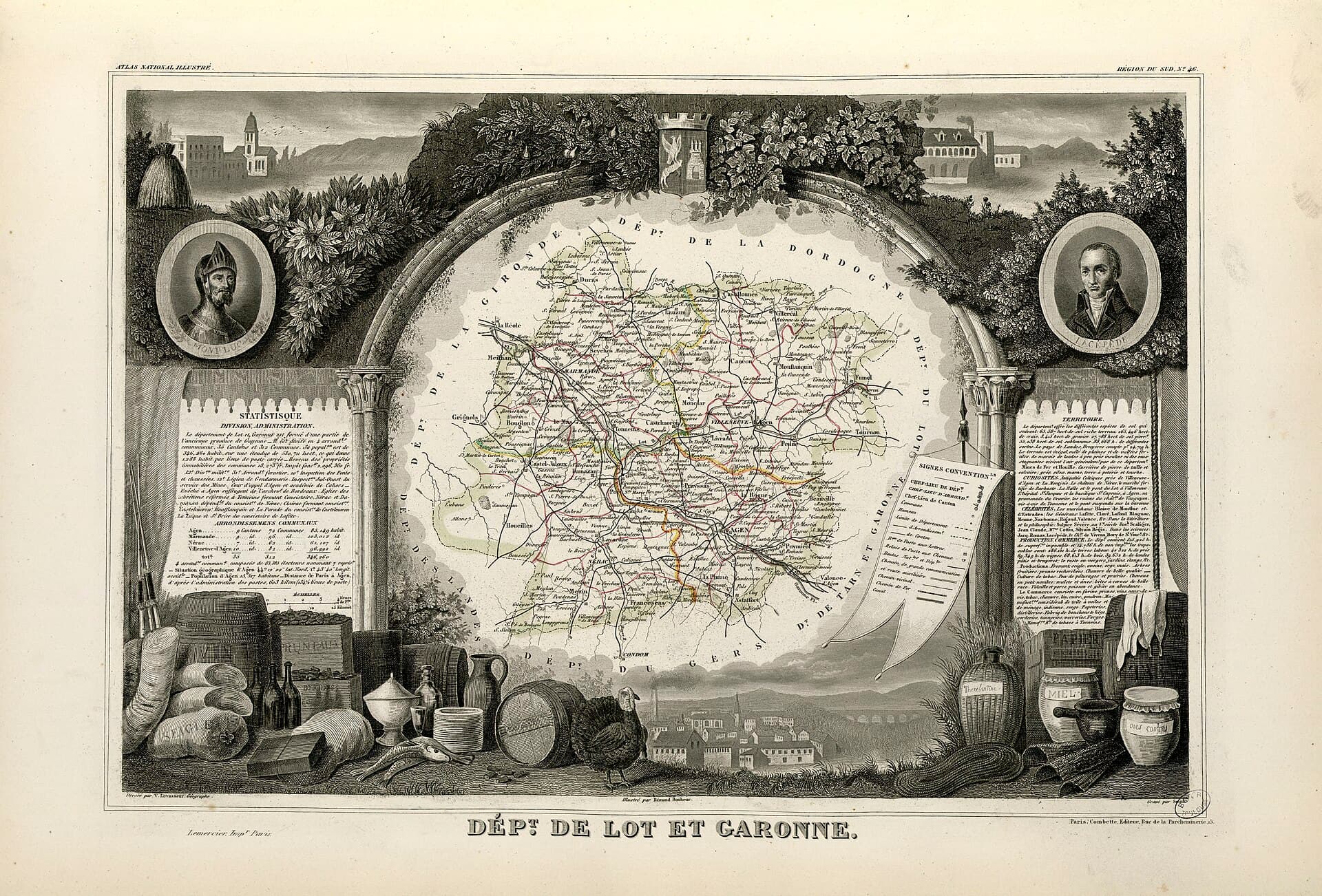 Carte gravée du département de Lot-et-Garonne, entourée de vignettes, XIXᵉ siècle