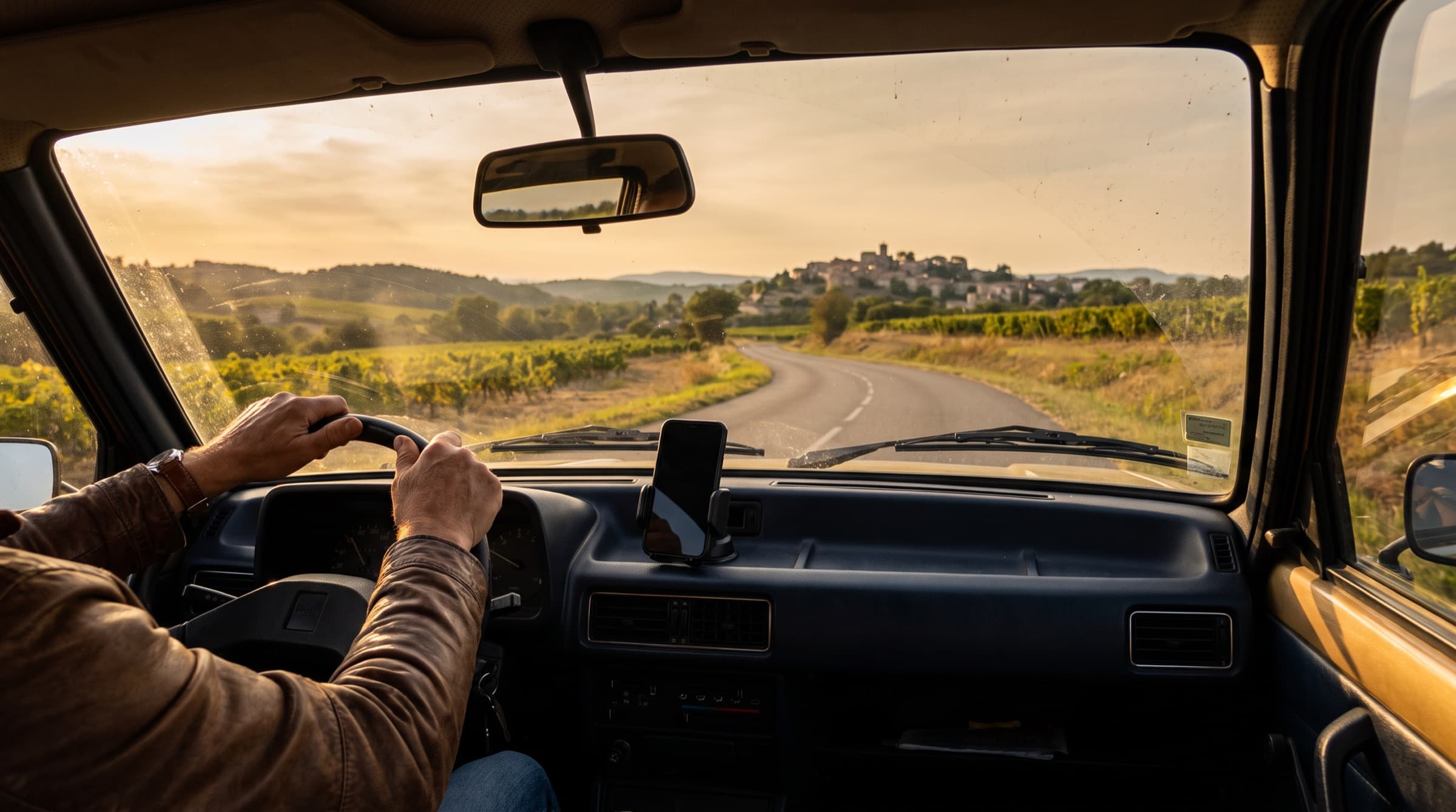 Vu du siège passager : les mains sur le volant, le téléphone éteint sur son support, la route entre les vignes vers un village perché.