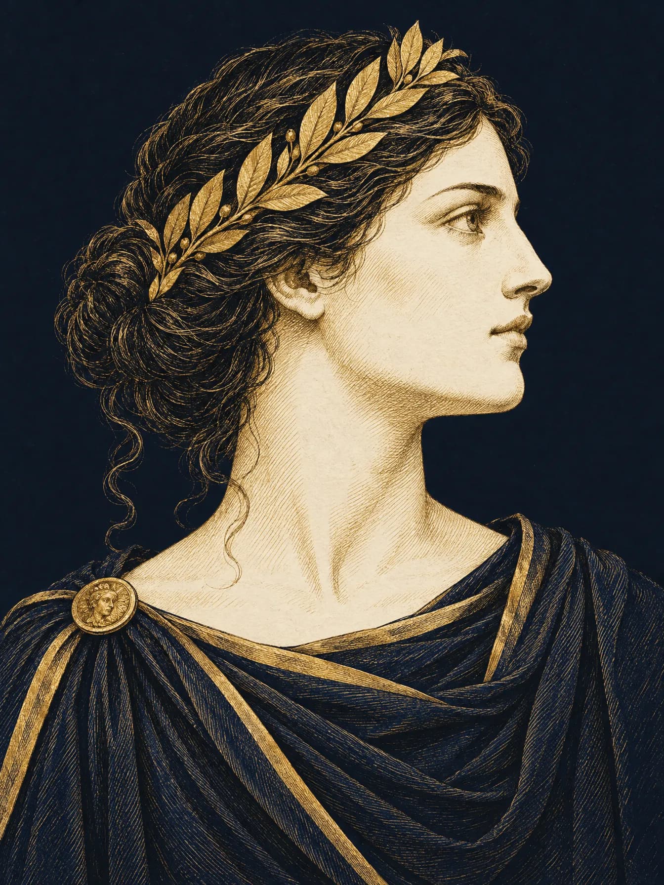 Abeona de profil, couronnée de laurier d'or, drapée de bleu nuit